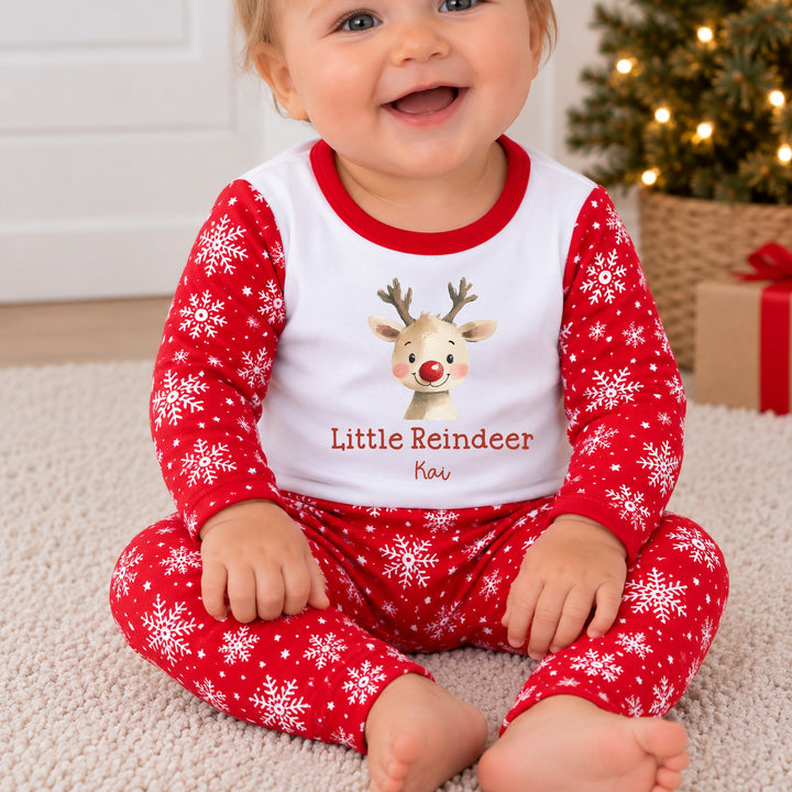 Personalised Little Reindeer Snowflake Sibling Matching Pyjamas or Baby Grow