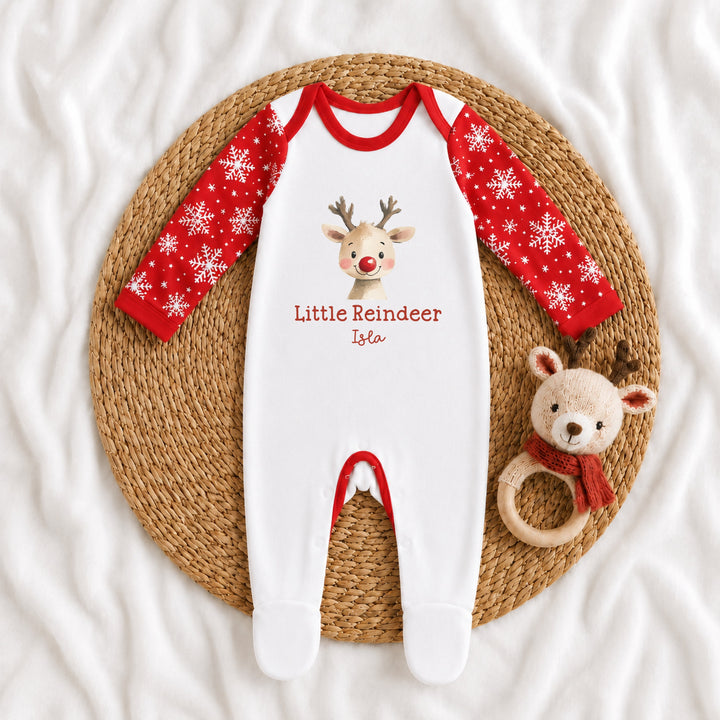 Personalised Little Reindeer Snowflake Sibling Matching Pyjamas or Baby Grow