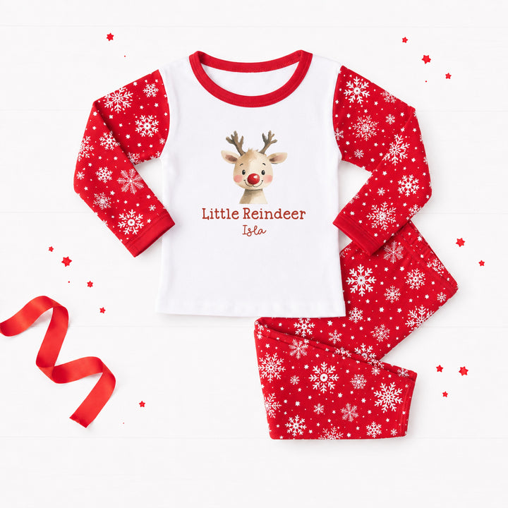 Personalised Little Reindeer Snowflake Sibling Matching Pyjamas or Baby Grow