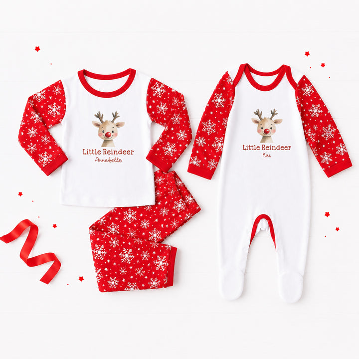 Personalised Little Reindeer Snowflake Sibling Matching Pyjamas or Baby Grow