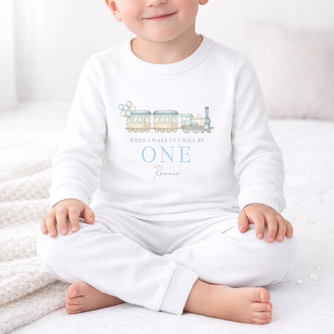 Personalised Blue Train First Birthday Pyjamas