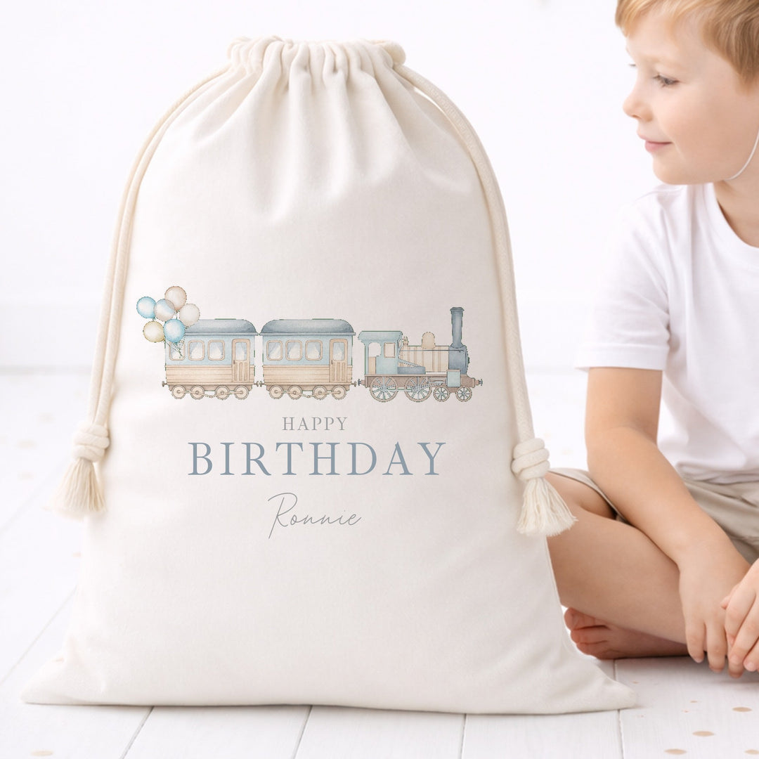 Personalised Blue Train Birthday Gift Sack