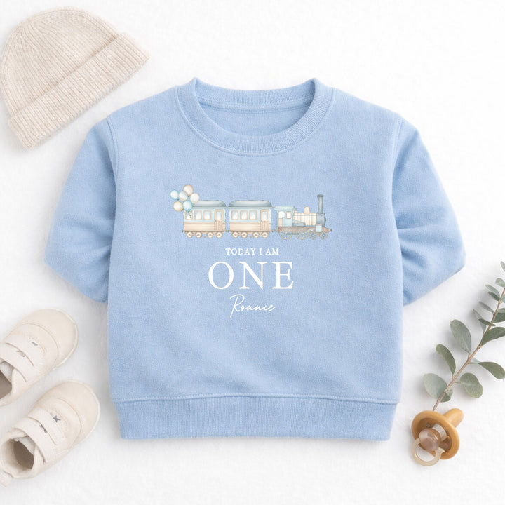 Personalised Blue Train Today I Am One First Birthday Jumper