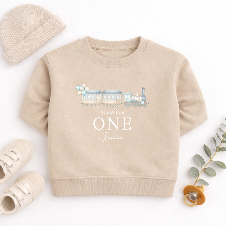 Personalised Blue Train Today I Am One First Birthday Jumper