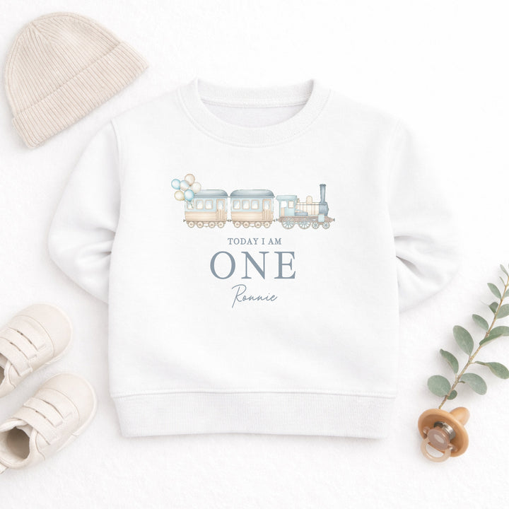 Personalised Blue Train Today I Am One First Birthday Jumper