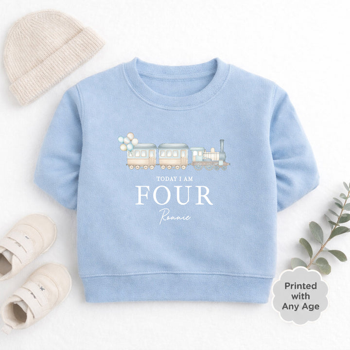Personalised Blue Train Any Age Birthday Jumper