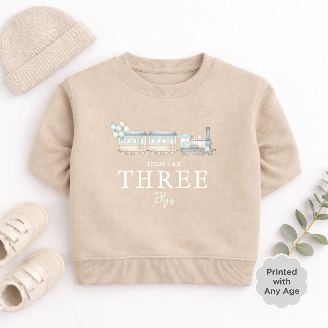 Personalised Blue Train Any Age Birthday Jumper