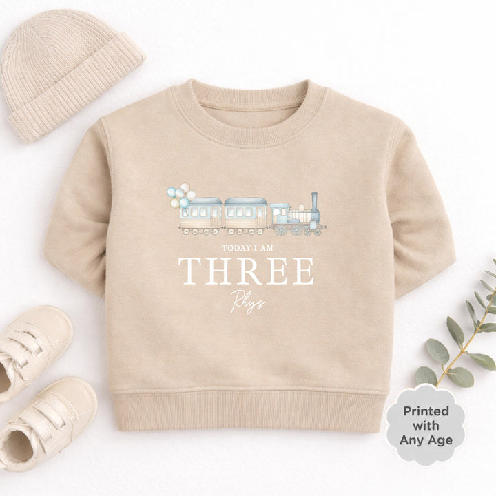 Personalised Blue Train Any Age Birthday Jumper