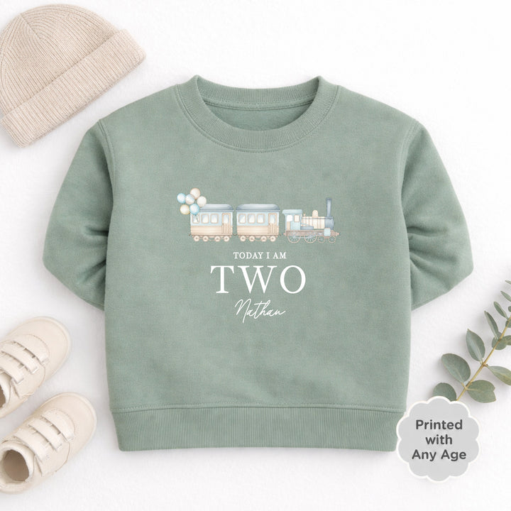 Personalised Blue Train Any Age Birthday Jumper