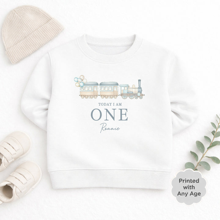 Personalised Blue Train Any Age Birthday Jumper