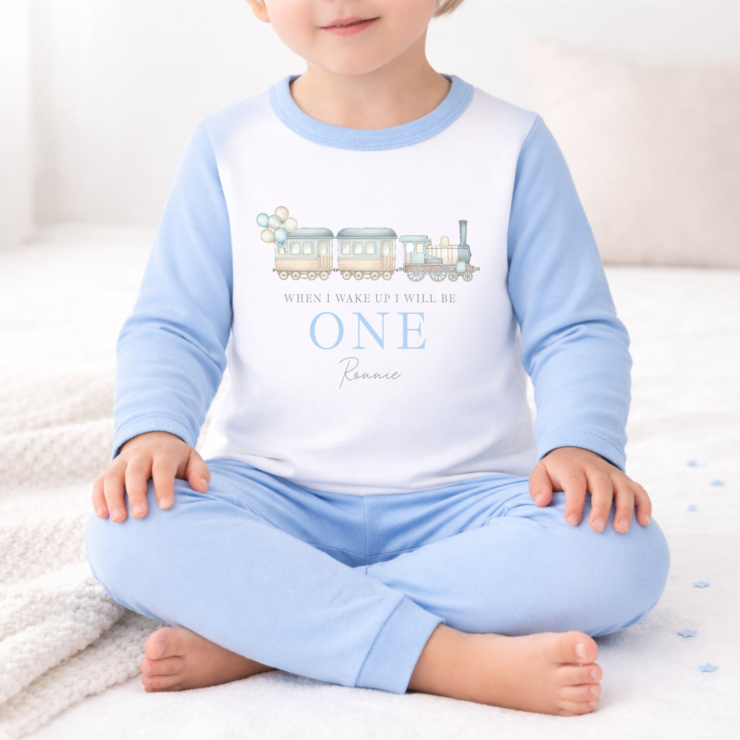 Personalised Blue Train First Birthday Pyjamas