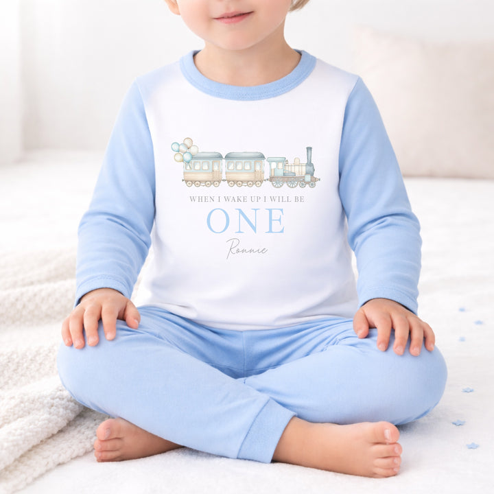Personalised Blue Train First Birthday Pyjamas
