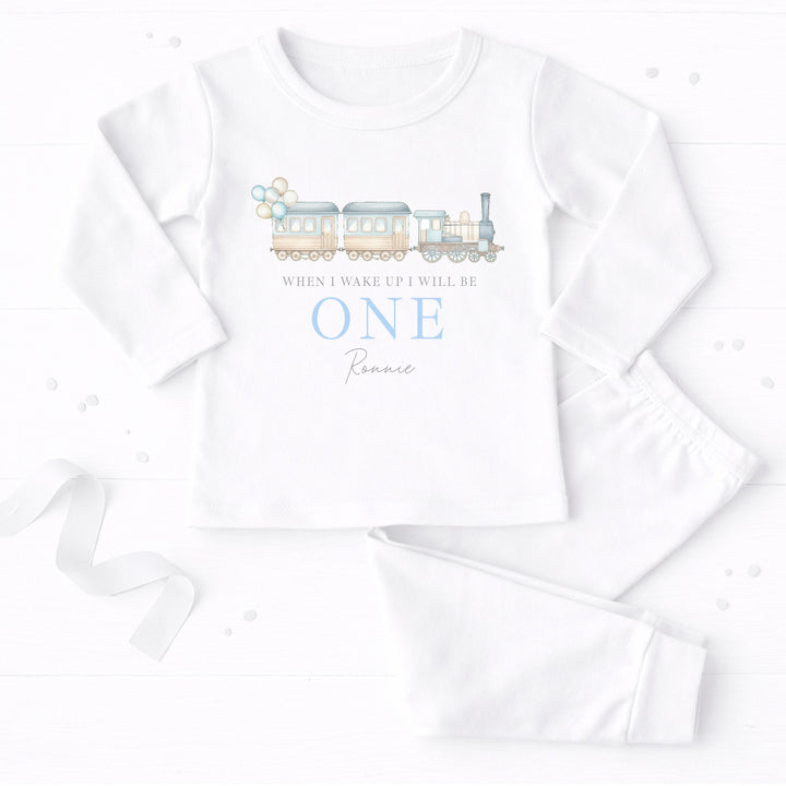 Personalised Blue Train First Birthday Pyjamas