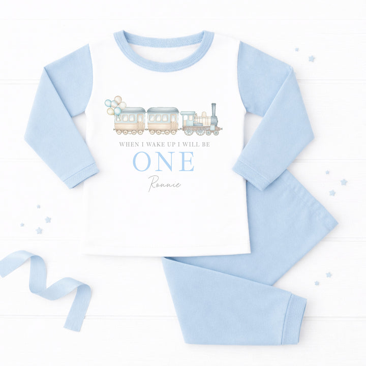 Personalised Blue Train First Birthday Pyjamas