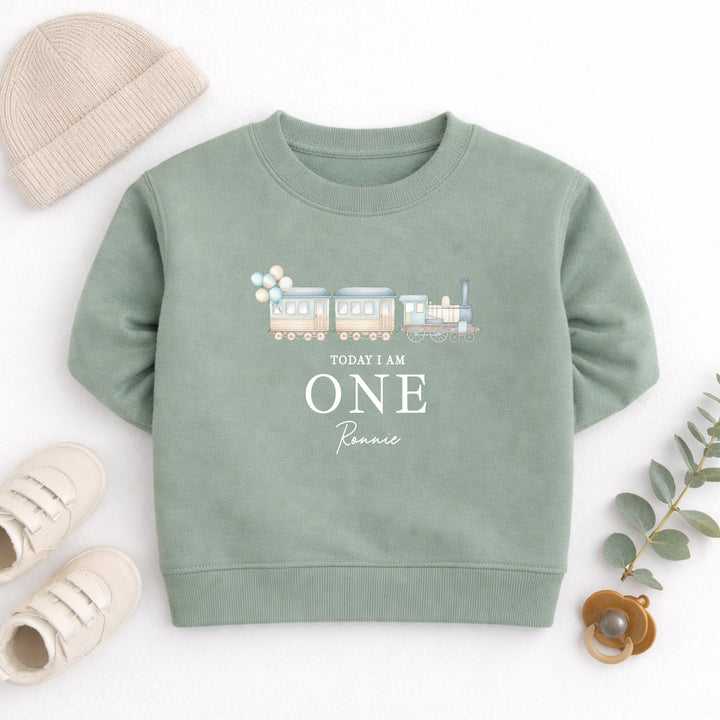 Personalised Blue Train Today I Am One First Birthday Jumper