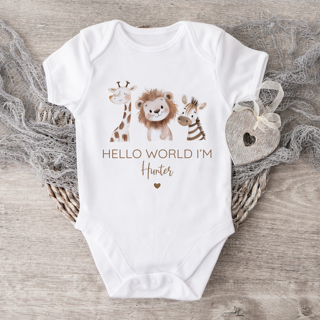 Personalised Little Zoo Hello World Baby Grow or Vest