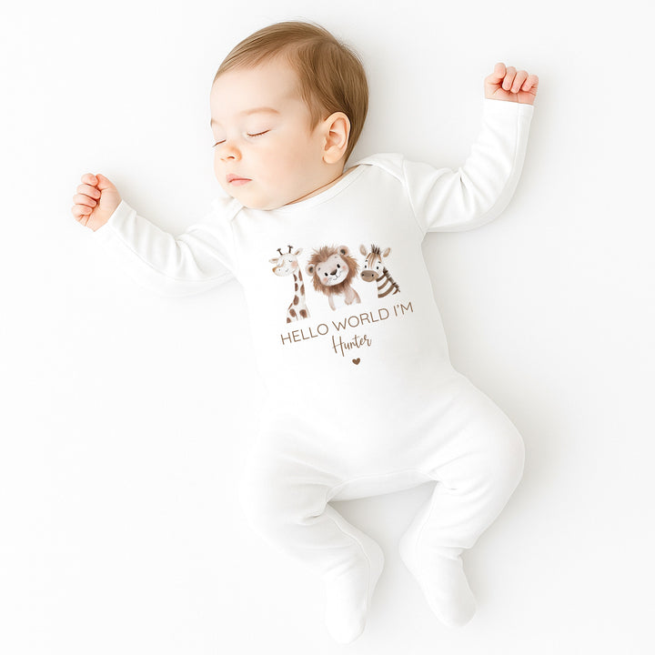 Personalised Little Zoo Hello World Baby Grow or Vest