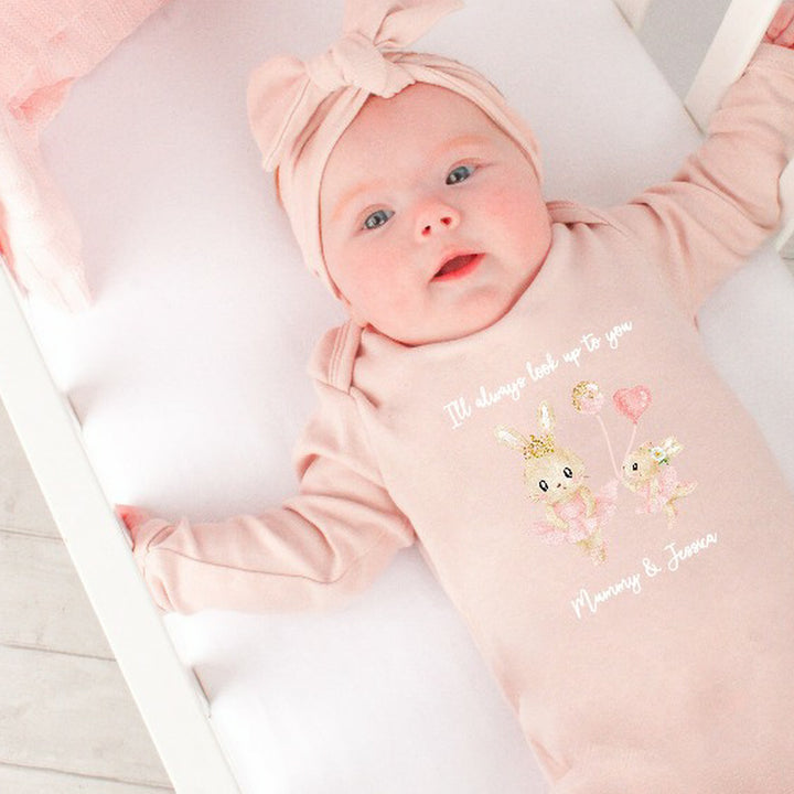 Personalised I Look Up To You First Mother's Day Pink Bunny Babygrow/Vest