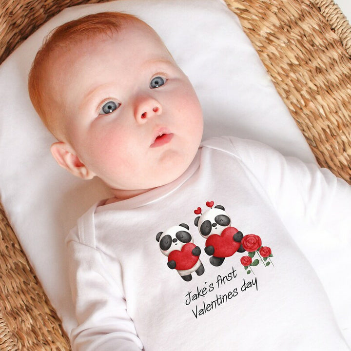 Personalised Panda First Valentines Day Babygrow/Vest