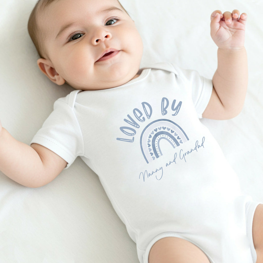 Personalised Loved By Nanny Blue Rainbow Baby Grow or Vest
