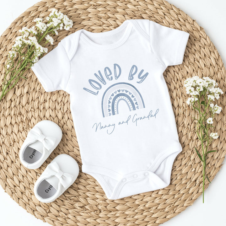 Personalised Loved By Nanny Blue Rainbow Baby Grow or Vest