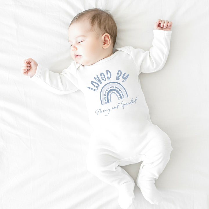 Personalised Loved By Nanny Blue Rainbow Baby Grow or Vest