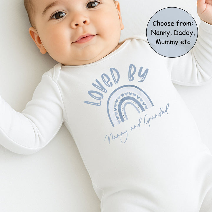 Personalised Loved By Nanny Blue Rainbow Baby Grow or Vest