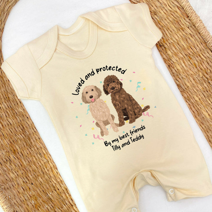 Personalised Loved and Protected By Dogs 140 Dog Types Romper