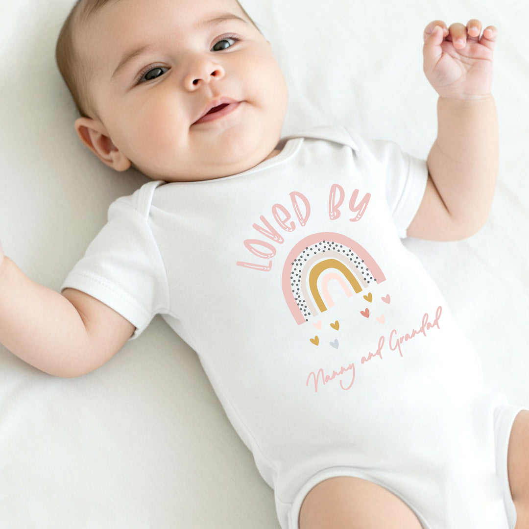 Personalised Loved By Nanny Pink Rainbow Baby Grow or Vest