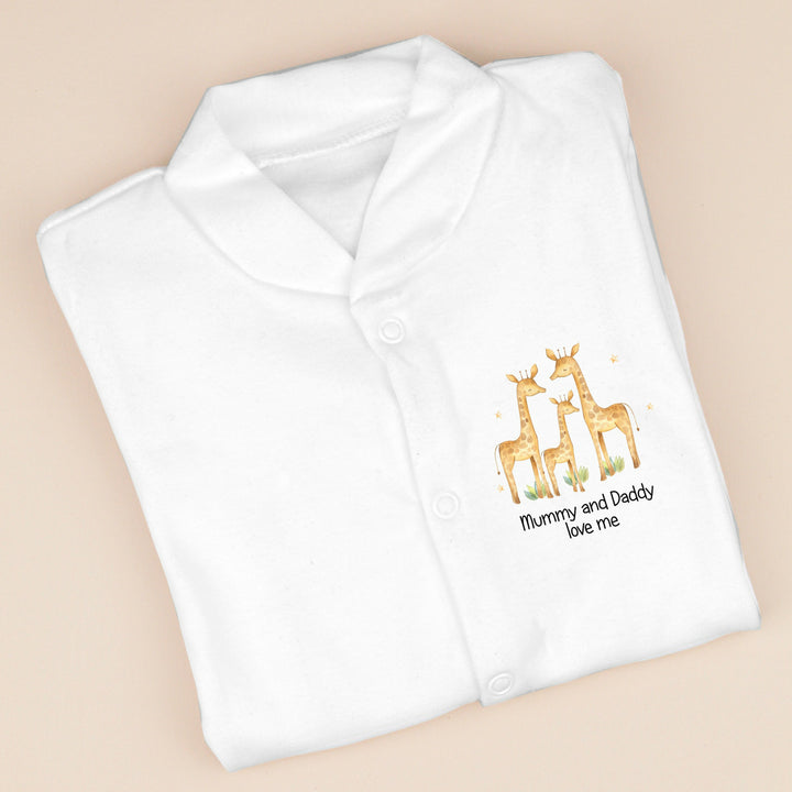 Mummy Daddy Love Me Giraffe Popper White Babygrow