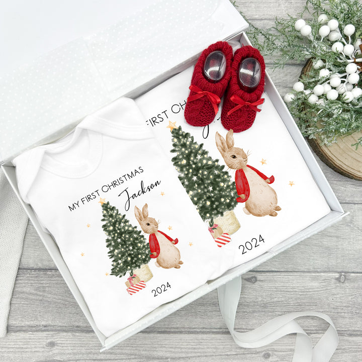 Personalised My First Christmas Red Rabbit Babygrow and Blanket Gift Set