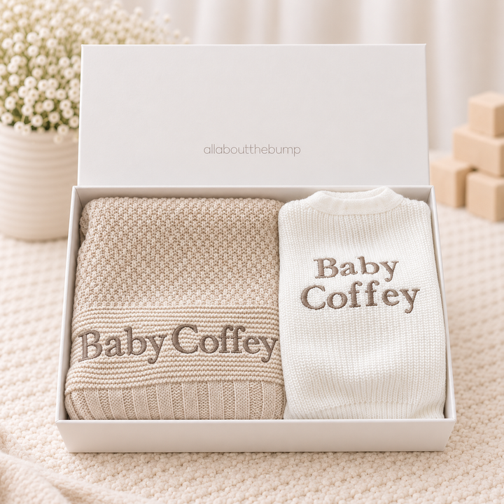 Personalised Beige Blanket and White Cardigan Embroidered Baby Hamper