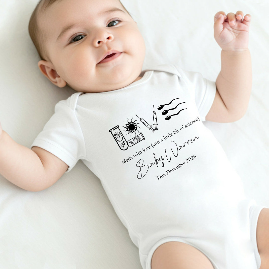 Personalised Black Made With Love And Science IVF Baby Announcement Vest