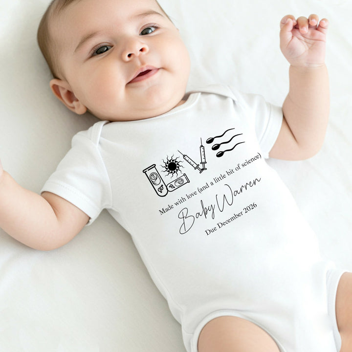 Personalised Black Made With Love And Science IVF Baby Announcement Vest