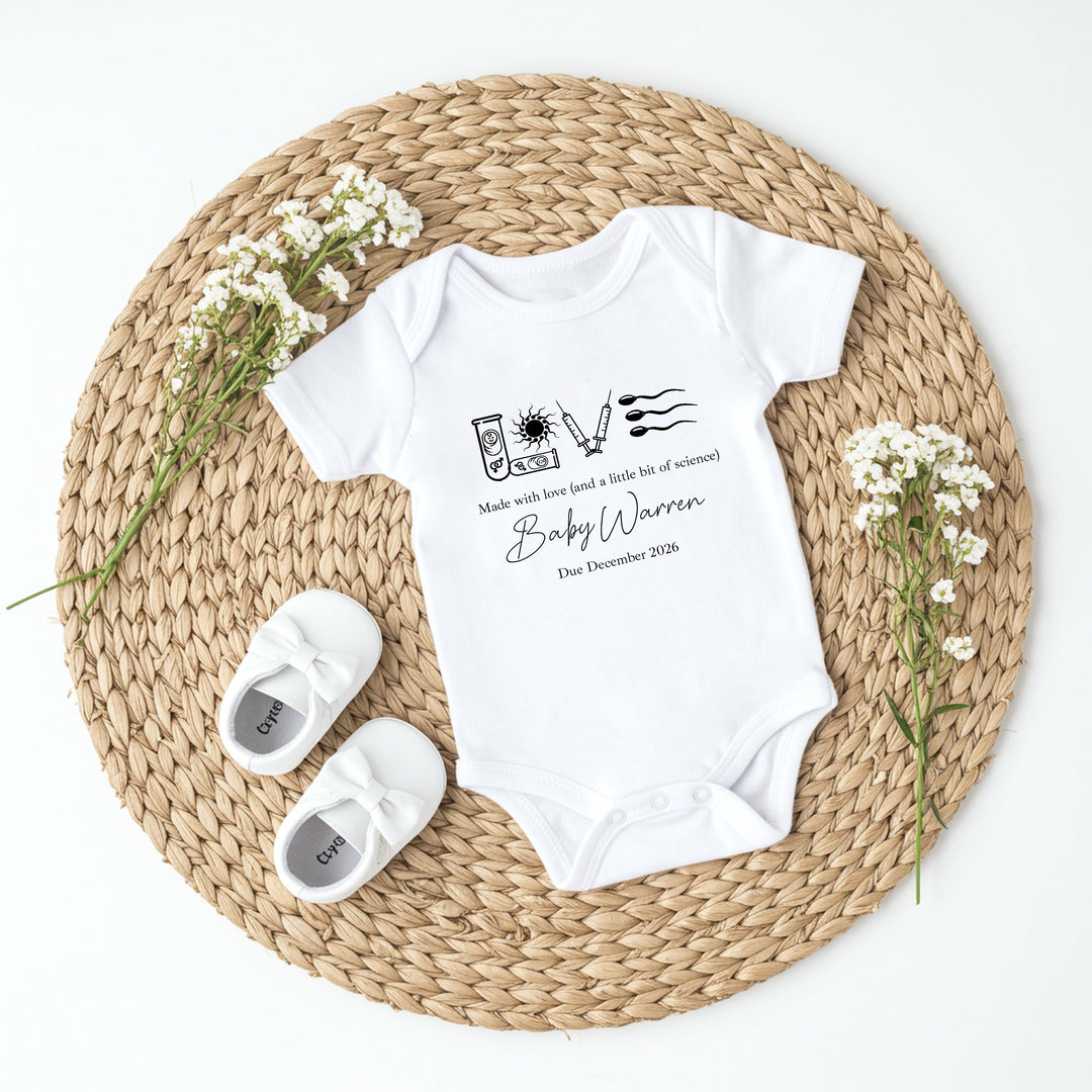 Personalised Black Made With Love And Science IVF Baby Announcement Vest