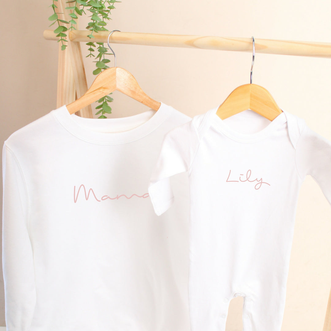 Personalised Mama Baby Pink Script Matching Outfits