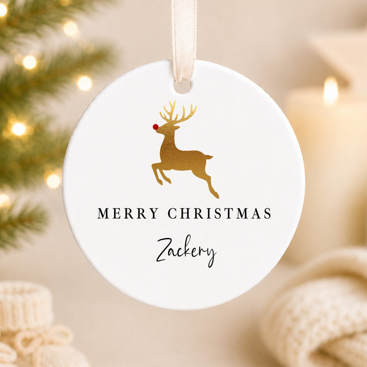 Personalised Gold Reindeer Merry Christmas Ceramic Bauble