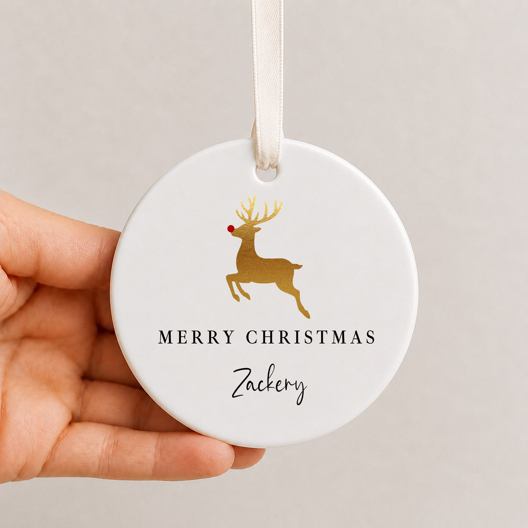 Personalised Gold Reindeer Merry Christmas Ceramic Bauble