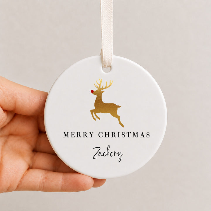 Personalised Gold Reindeer Merry Christmas Ceramic Bauble