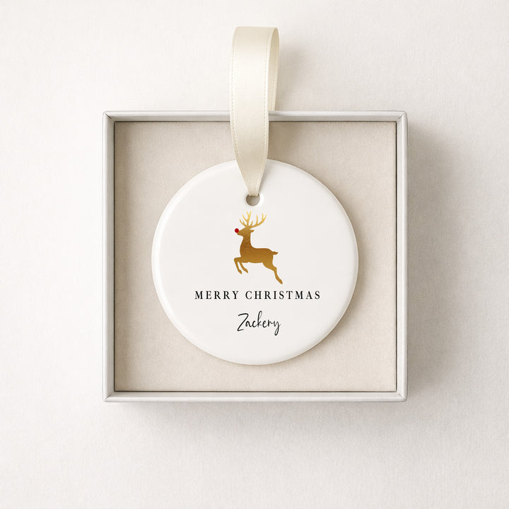 Personalised Gold Reindeer Merry Christmas Ceramic Bauble