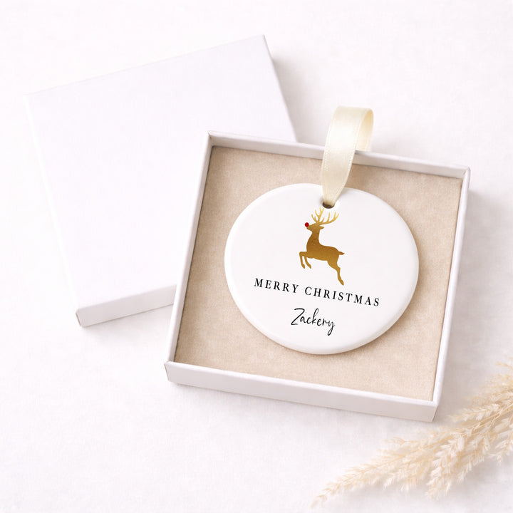 Personalised Gold Reindeer Merry Christmas Ceramic Bauble