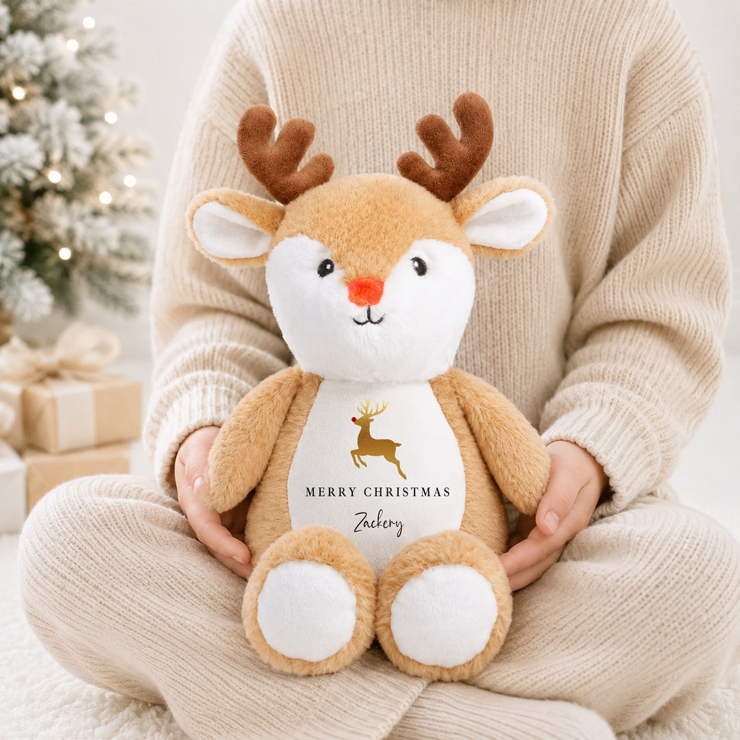 Personalised Gold Reindeer Merry Christmas Soft Toy