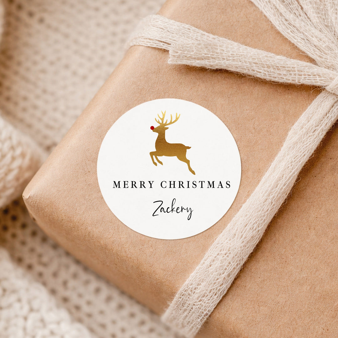 Personalised Gold Reindeer Merry Christmas Stickers