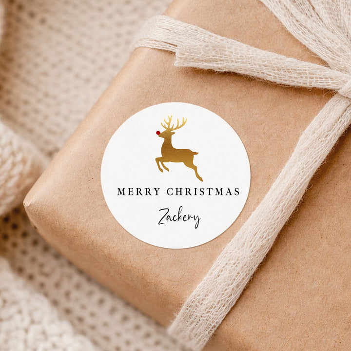 Personalised Gold Reindeer Merry Christmas Stickers