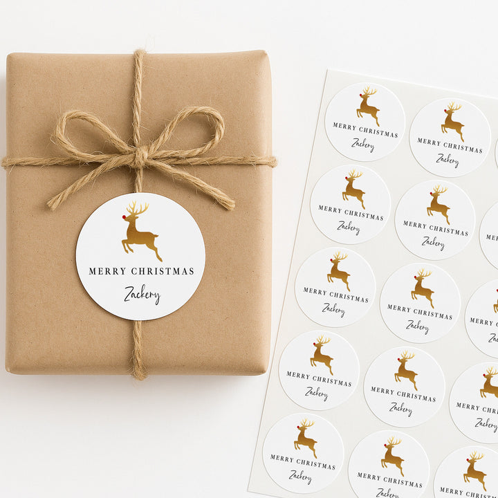 Personalised Gold Reindeer Merry Christmas Stickers
