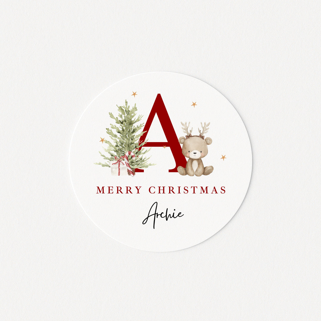 Personalised Reindeer Teddy Red Initial Christmas Stickers
