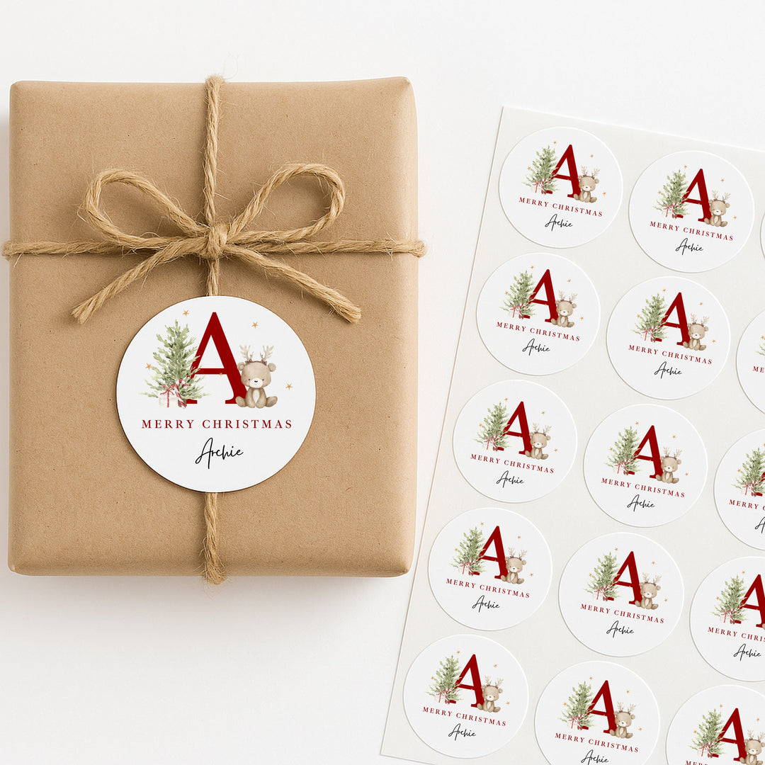 Personalised Reindeer Teddy Red Initial Christmas Stickers