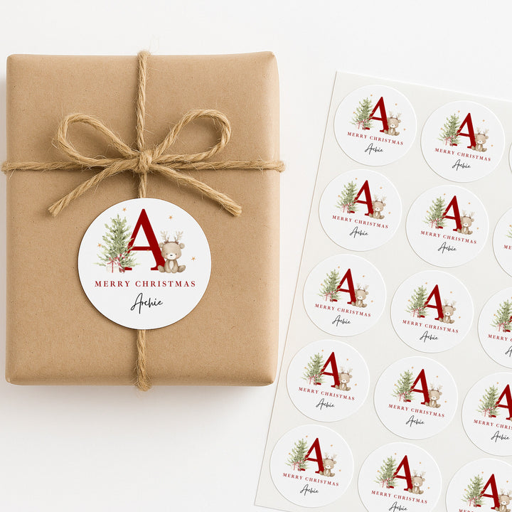 Personalised Reindeer Teddy Red Initial Christmas Stickers
