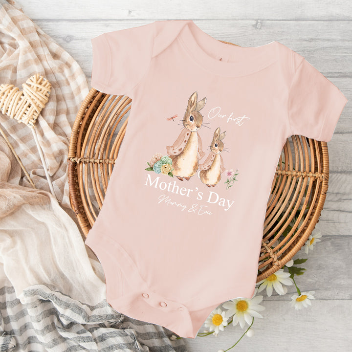 Personalised Happy Mother's Day Bunny Pink Babygrow/Vest