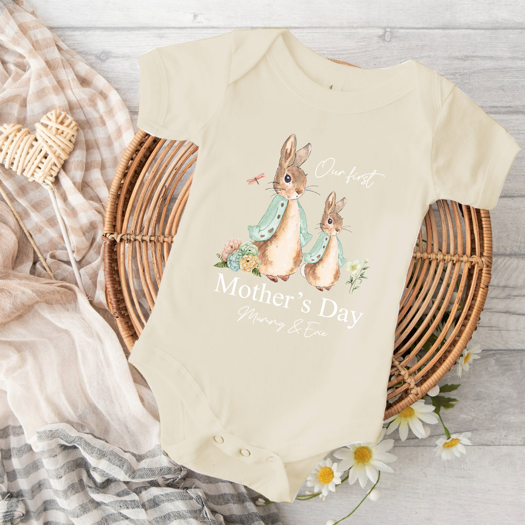 Personalised Happy Mother's Day Bunny Beige Babygrow/Vest